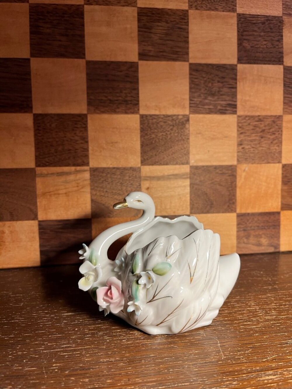 Floral Swan with Gold Accents Trinket Dish or Planter A1167
